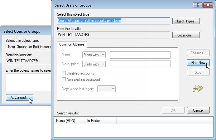 2.5 Sharing folders 6. In the Select Users or Groups window, click on Advanced... (1).