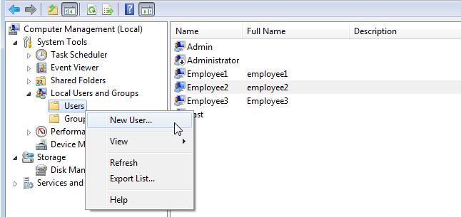 2.3 Creating groups and users 3. Computer Management view Select the Local Users and Groups menu. In the menu, you will find the folders Users and Groups.
