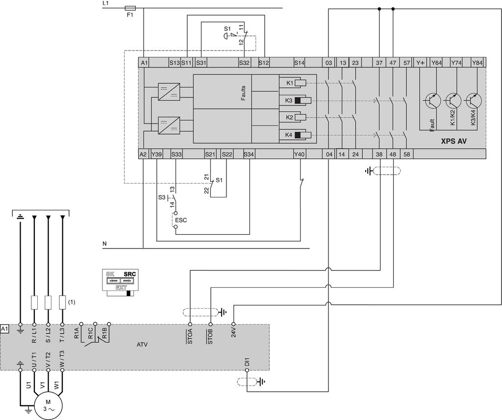 Process System SF - Case 3 Connection Diagram For Single Drive with Safety Module Type Preventa XPS-AV This Connection diagram applies for a single drive configuration with the Safety Module Type