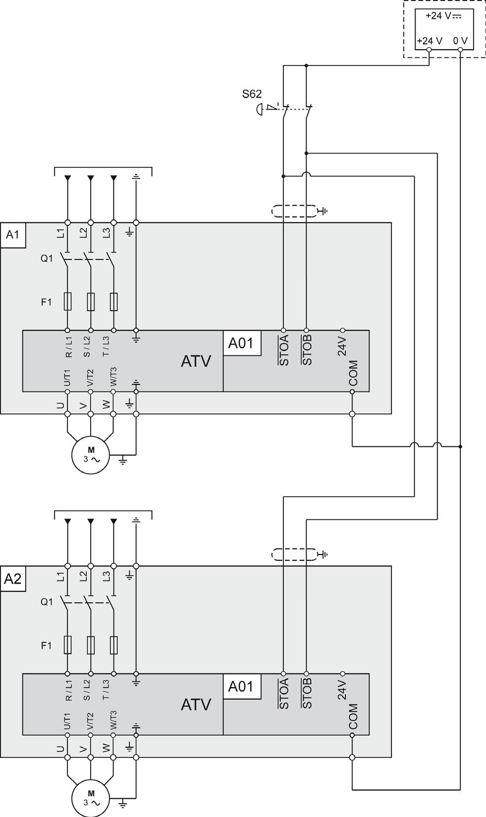 Multi drive Drive Systems Connection Diagram This connection diagram applies for multidrive Altivar Process Drive Systems configuration, without options, according to IEC 61508 capability SIL 3, ISO