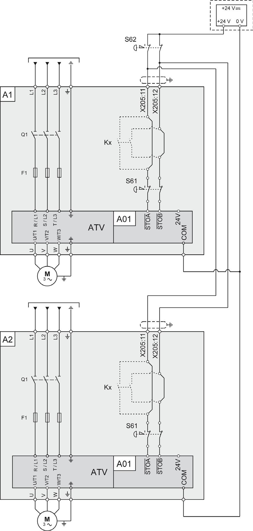 Multi drive Drive Systems Connection Diagram This connection diagram applies for multidrive Altivar Process Drive Systems configuration, with option VW3AP1502 (Safe Torque Off STO - SIL 3 Stop