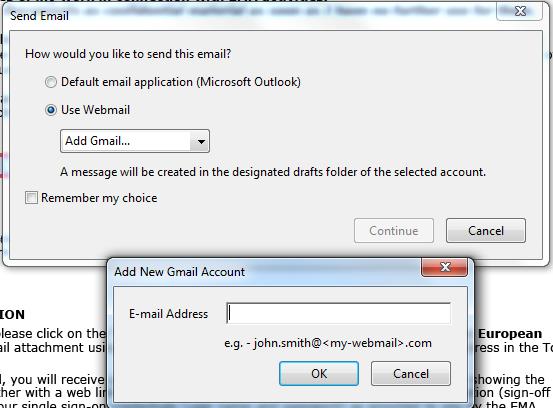 Select an existing or add a new e-mail address for the web based e-mail system and click Continue.