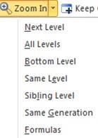Zoom In Options Defined Next Level Retrieve data for the children of the selected members. All Levels Retrieve data for all descendants of the selected members.