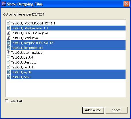 Figure 18: Show Outgoing Files 6.4 Show Out of Sync Files This operation shows the set of all files that exist both under an Eclipse project and the SpectrumSCM repository, but are not in sync (i.e. they are different in content).