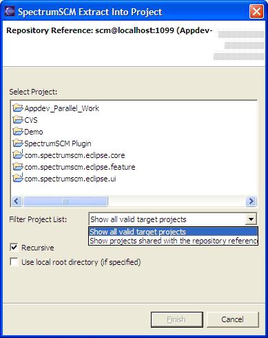 If a local root directory has been specified for the project (projects shared with SpectrumSCM), the user can extract files relative to the local root directory by selecting the Use local root