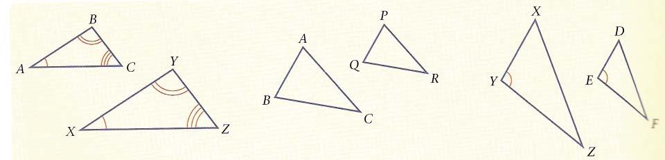 To decide whether two triangles are similar, you need to check that all the corresponding angles are equal, or that all the corresponding sides are in the same ratio.