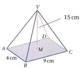 volume of a cone = 1/3 x area of base x height = 1/3 πr 2 h Example - A pyramid VABCD has a rectangular base ABCD.