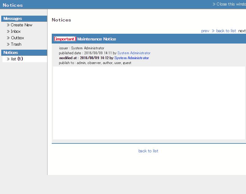 Checking Notices Notice and message sent from the system manager and the Author regarding administration or school affairs can be checked from the login screen, Course selection screen or Content
