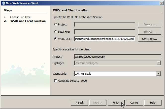 Right-click on the name of the project, WSSRecevieFileEM, and choose New->Web Service Client Check the WSDL URL radio