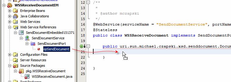 Figure 6-9 Add web service invocation to the Java source You will get a slab of Java boilerplate code added to the canvas. The service invocation will have an error.
