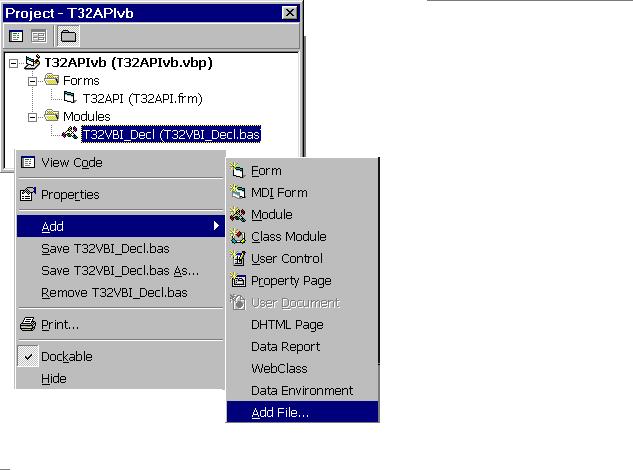 Connecting VBI and Application Whenever a VB application uses the VBI, the file T32VBI_Decl.bas must be added to the Modules list of the VB project.