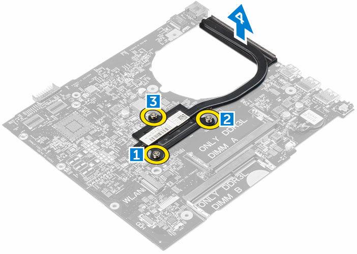 b. base cover c. hard drive assembly d. WLAN card e. memory f. keyboard g. palmrest h. display cable i. system fan j. system board 3. To remove the heat sink: a.