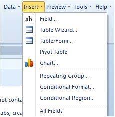 ii. The Insert menu appears as follows. There are a number of methods for inserting the fields into the Word template.