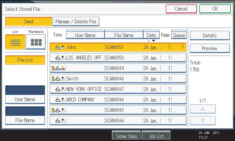 4. Storing Files Using the Scanner Function Displaying the List of Stored Files This section describes the list of stored files.