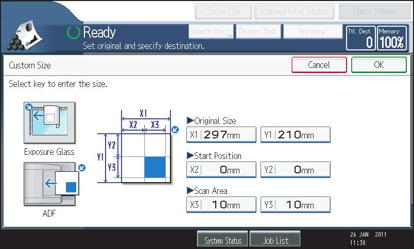 Scan Settings Scan settings on the custom size setting screen 1 2 3 CFK010 1. Original Size (X1 and Y1) Specify the length and width of the original.