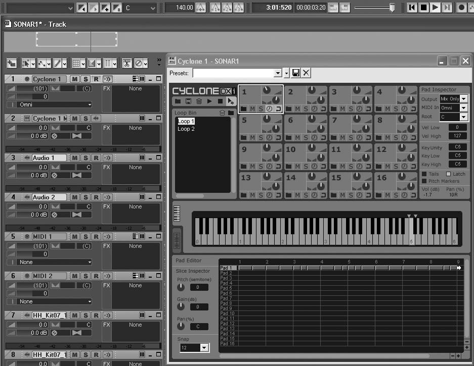 Using MIDI to Play Cyclone 6 8 9 0 7 6 7 8 9 0 Click on the Record Arm button on a MIDI track assigned to Cyclone. Click on the Record button.