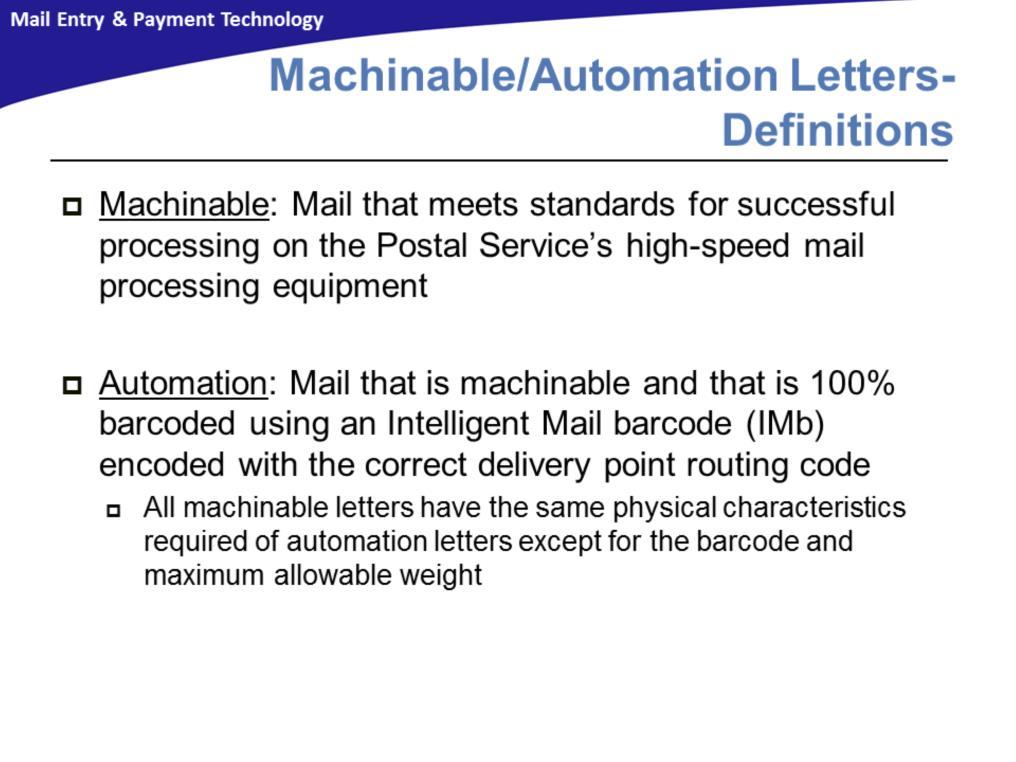 Machinable letters are pieces that meet standards for successful processing on the Postal Service s high-speed mail processing equipment.