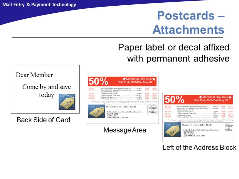 Postcards may have a paper label or decal affixed with permanent adhesive in the message on the non-address side of the card, in the message area on the front side of the card, or to the left of the
