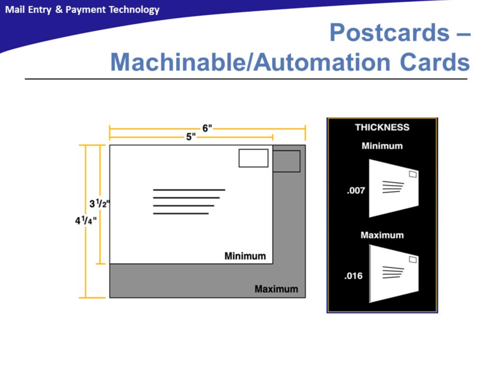 Postcards (cards mailed claiming First-Class Card pricing) can also be considered automation or machinable mailpieces.