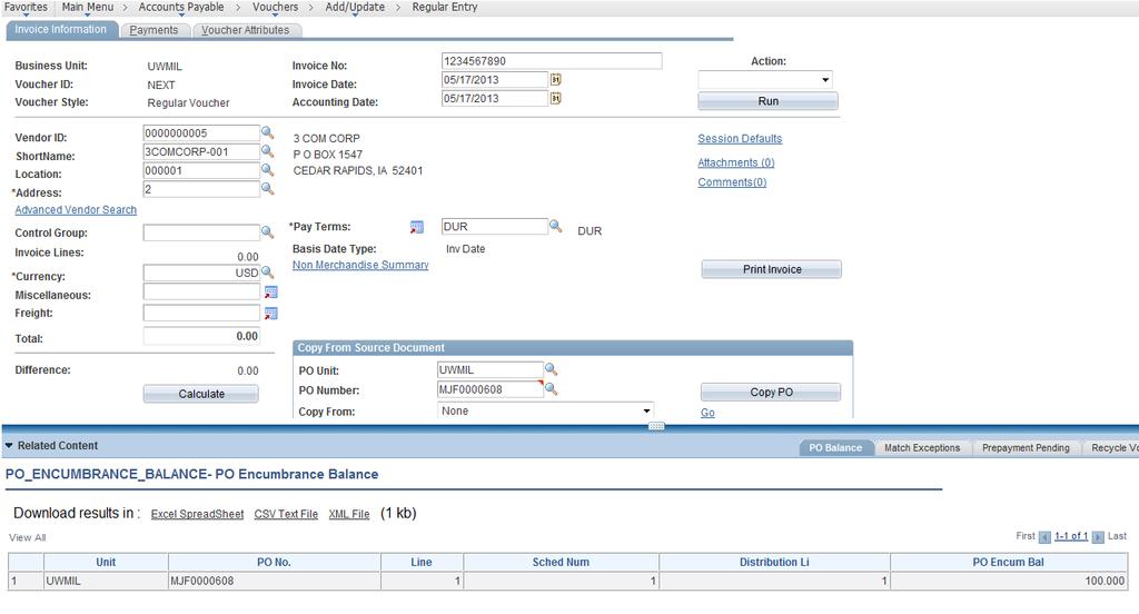 Encum Bal column, the Open PO Balance will be displayed for each PO Line, Schedule, and Distribution. 11.
