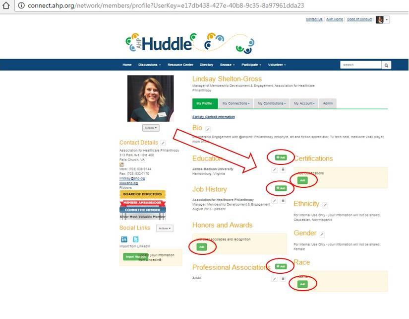 When logging in to the Huddle for the first time, you will be asked to review and agree to AHP s Code of Conduct COMPLETE YOUR PROFILE Tell us more about yourself by clicking on the down arrow to the