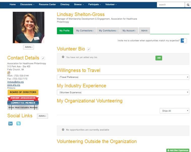 Your Volunteer Profile is separate from your regular Huddle Profile, and can be accessed on the main header under Volunteer Opting In is easy- with one click, you are added to AHP's Pool of
