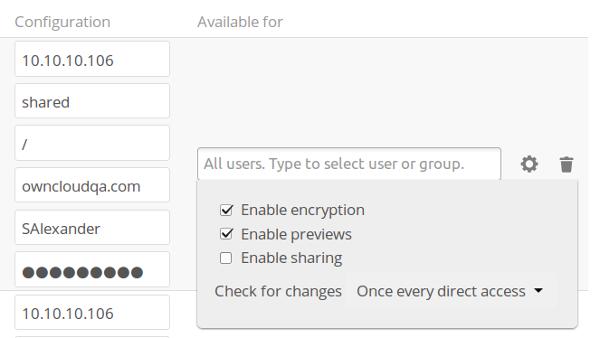 8. Click the gear icon for additional mount options. Note that encryption is enabled by default, while sharing is not.