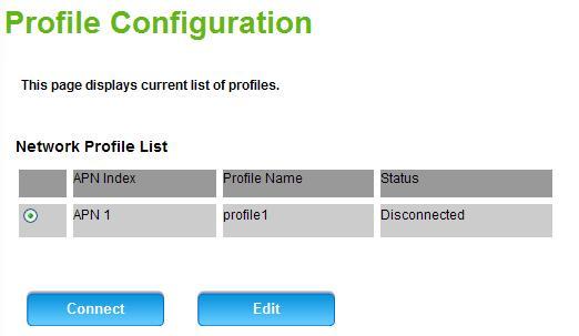 Internet Profile Configuration This page displays the network profiles that are currently being used.