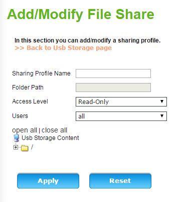 2. Click the Add button to display the screen for adding/modifying a sharing profile. 3. The file folders of the connected USB storage device will be listed in the table at bottom of this page.
