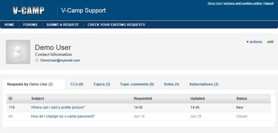 Unit V-Camp Support Profile This feature allows you to edit the personal information shown in your profile and to view all of your V-Camp Support activity. 4 3.