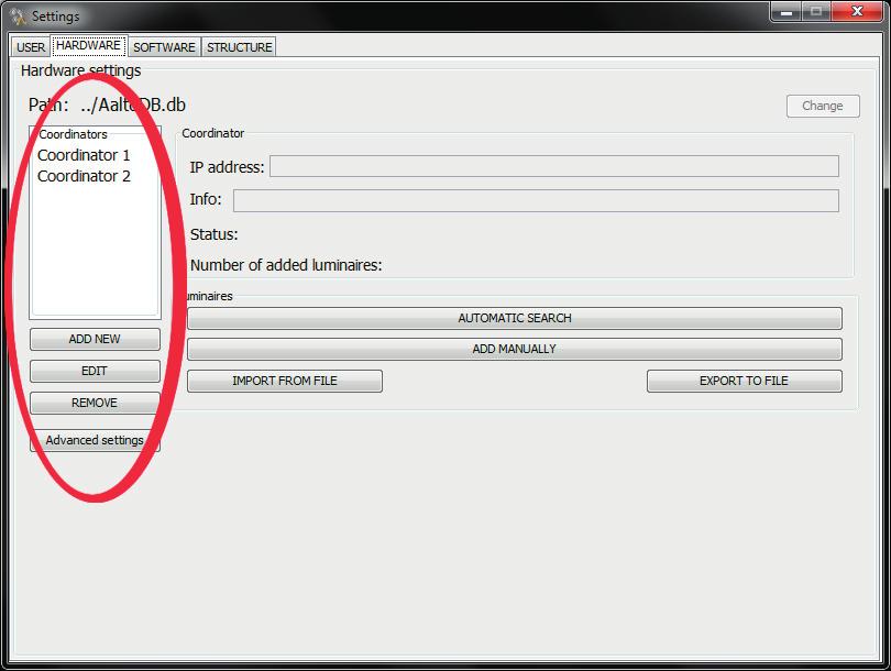 Figure 2. SETTINGS window, HARDWARE tab, Coordinator options 6. Add a Coordinator by clicking the ADD NEW button. The system prompts for Coordinator details.