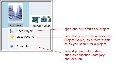over the project icon and select one of the following actions: You can change the preview size by