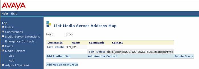 Media Server Address Map screen appears as shown in