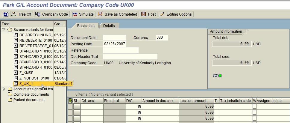 Screen Variant Z_UK_1 for Line Item Entry Screen Variant Z_UK_1: Modifies detail entry section to show only UK fields and eliminates many unused columns from the SAP