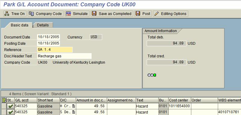 Amount Information Section FV50 Checks that total debits equal total credits Traffic light green = in balance, red = out of balance Only important after last line entry General Ledger Account