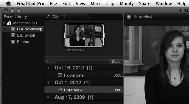 Start by clicking on the FCP Workshop Event and then 1interview in the event Library.