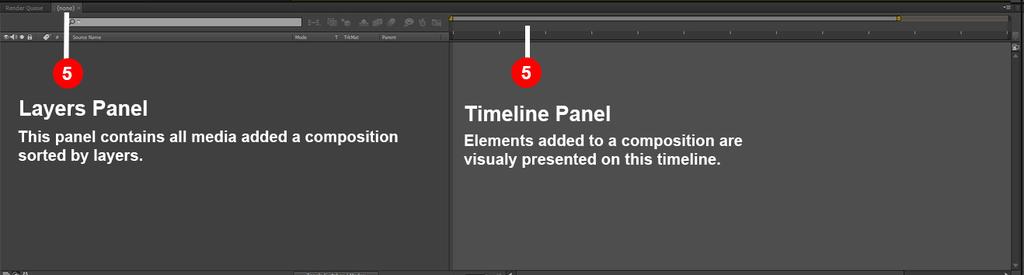 5. LAYERS AND TIMELINE PANEL Once a composition is created, the asset used will show up in the Layers & Timeline Panel below.
