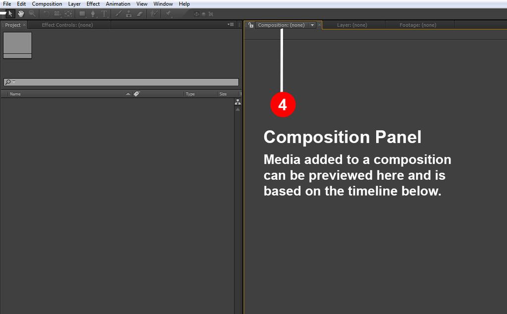 4. COMPOSITION PANEL Once a composition is created with media from the Project Panel, its contents are previewed within this panel.