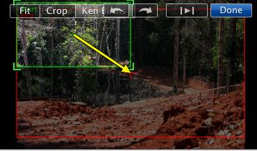Place the green rectangle where you want the clip to start the scan and the red where you want it to end. Then click done. To turn off the Ken Burns effect click Fit. To crop the image choose Crop.