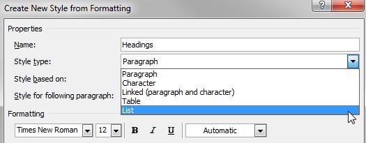 Section 1-3A: Creating a hierarchically numbered list style The key to making automatically numbered headings is to create a numbered list style and then link it to the relevant Heading styles.
