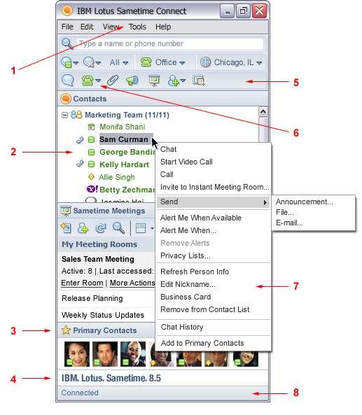 Figure 1: Contact List Window Key: 1. Extensible Tools menu (on menu bar) 2. Contact names and status icons 3. Plug-in application panels ( mini apps ) 4. Branding area 5.