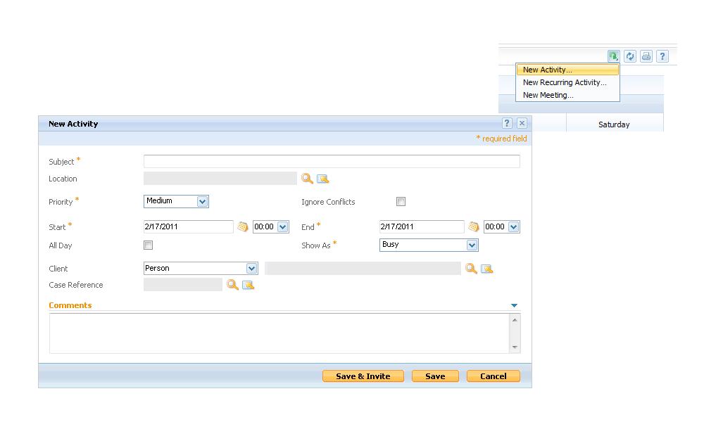 Figure 2.15 Calendar Modal Dialog The user can populate the calendar with instances of meetings and activities.
