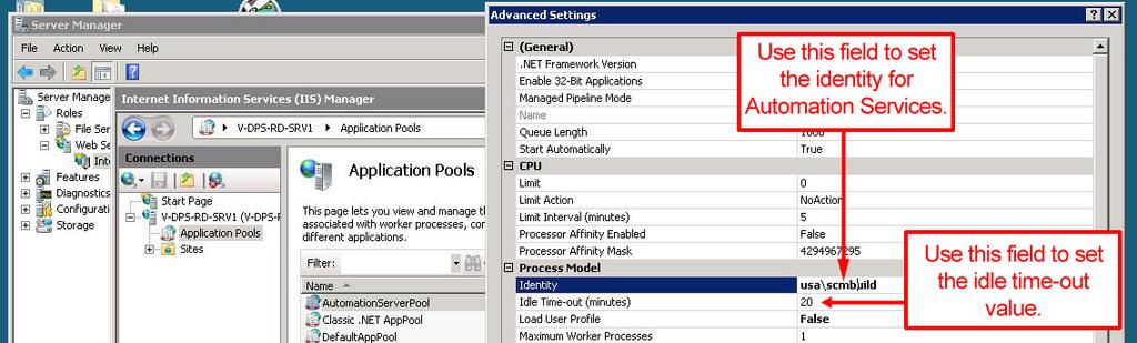 INSTALLING IIS management console with Automation Services application pool displayed.