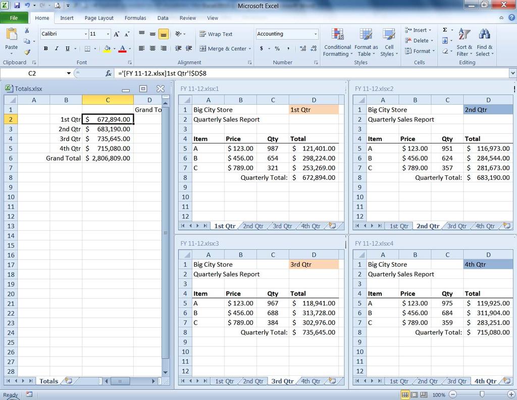 View Multiple Sheets of same Book - Open Quarters File - Select All Sheets - Change zoom to 100% - Drop Group of sheets and turn to Sheet 1st Qtr -
