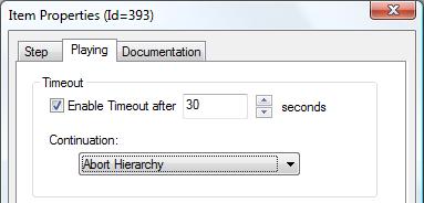 13.1 Configuring a Timeout To add a timeout, simply open the properties for the item on which you would like to configure the timeout and choose the "Playing" tab: Figure 9: Configure Timeout Once a