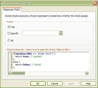 18.2 JScript Check Properties A JScript Check has a number of properties that control how it works. Below is an example of the Properties dialog showing the options that you can choose: 18.
