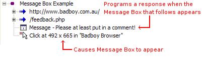 21.1 Recording Message Boxes If you are recording when a Message Box shows, Badboy will record a Message Box Item in your Script containing the details of the message that appeared and the user