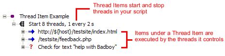 41.2 Thread Items Badboy makes it easy to create Threads as part of your script by using Thread Items. Thread Items play as part of your script, but they behave a bit differently to normal items.