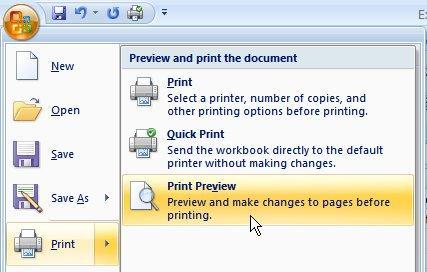 Click Office, point to Print, then click Print Preview to display
