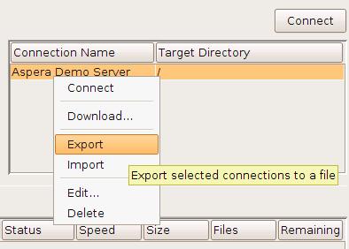 Both options are shown below (with "export" selected). Note: Exported and imported connections do not include passwords.